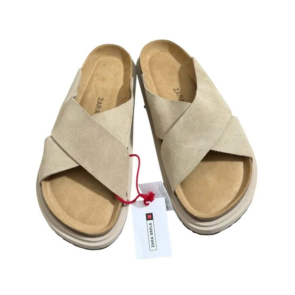 Zara SRPLS Suede Leather Criss-Cross Slide Sandals Sand Beige Mules Men's 11 NWT